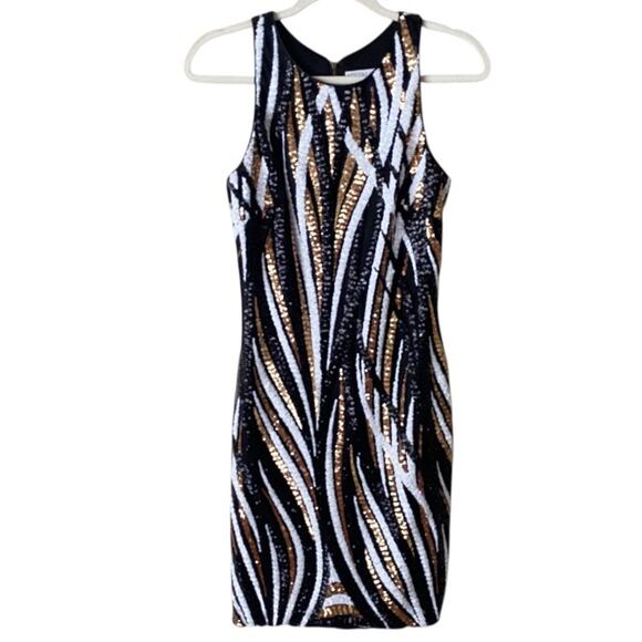 Ieena by Mac Duggal | Sleeveless Mini Sheath Dress Sequins Party Black Gold SZ 4 - Picture 1 of 5